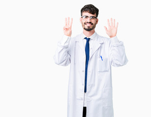 Young professional scientist man wearing white coat over isolated background showing and pointing up with fingers number eight while smiling confident and happy.