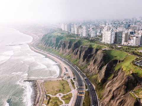 Aerial view of Costa Verde coastline in Lima, Peru