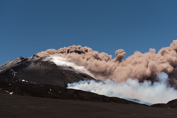 Mount Etna Volcano Erupts, Volcanic Ash Clouds & Steam Eruption. Catania, Sicily, May 2019