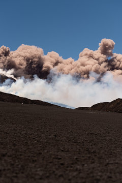 Mount Etna Volcano Erupts, Volcanic Ash Clouds & Steam Eruption. Catania, Sicily, May 2019