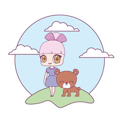cute little doll with bear animal in landscape