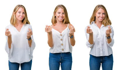 Collage of beautiful blonde woman over white isolated background Doing money gesture with hand, asking for salary payment, millionaire business