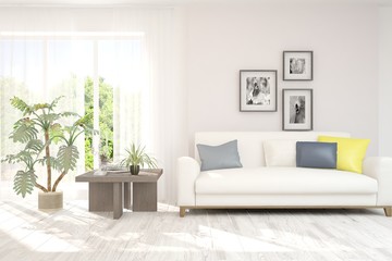 Stylish room in white color with sofa. Scandinavian interior design. 3D illustration