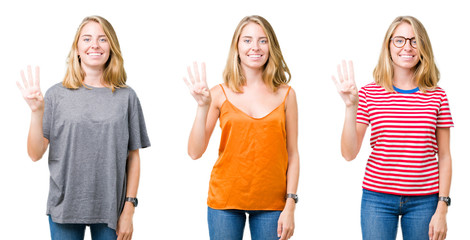 Collage of beautiful blonde woman over white isolated background showing and pointing up with fingers number four while smiling confident and happy.