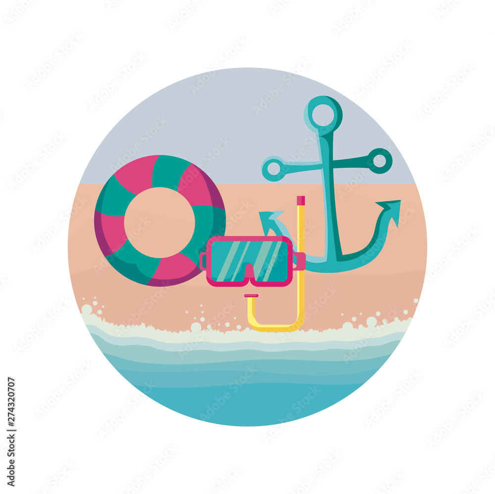 Poster snorkel with float and anchor in beach