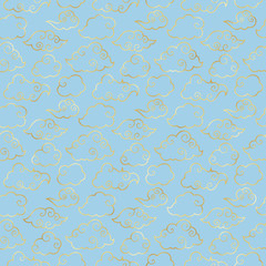 Gold Clouds Seamless Pattern - Cute Asian style clouds in light blue sky repeating pattern design inspired by South Korea's culture and K-pop music scene