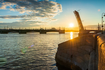 St. Petersburg beautiful cityscape at sunrise. Trinity Bridge in the rays of dawn.