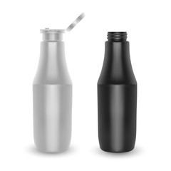 Set of bottles. White and black plastic container for Ketchup or mustard, nutritional supplements. Illustration isolated on white background, Vector EPS 10