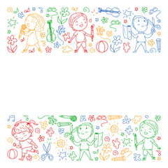 creative kids dancing, sing, playing football, playing guitar, violin, making models from paper. Colorful drawing on white blackboard.