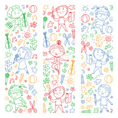 creative kids dancing, sing, playing football, playing guitar, violin, making models from paper. Colorful drawing on white blackboard.