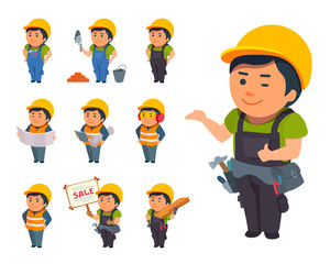 Man builder at work standing, smiling, looking at the plan, pointing hand. Constructor, designer, worker.