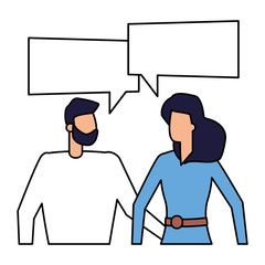 man and woman characters talk bubble