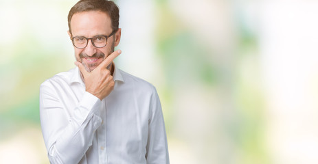 Handsome middle age elegant senior business man wearing glasses over isolated background looking confident at the camera with smile with crossed arms and hand raised on chin. Thinking positive.