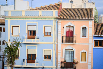 City street. Beautiful colorful typical spanish architecture buildings.