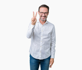 Handsome middle age elegant senior business man wearing glasses over isolated background showing and pointing up with fingers number two while smiling confident and happy.