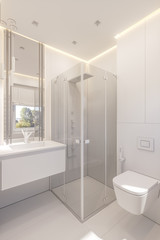 Fototapeta na wymiar 3d illustration of a bathroom in a private cottage. Interior design in white