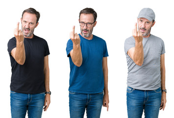 Collage of handsome senior man over white isolated background Showing middle finger, impolite and...