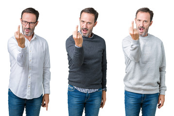 Collage of handsome senior man over white isolated background Showing middle finger, impolite and...