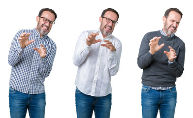 Collage of handsome senior business man over white isolated background disgusted expression, displeased and fearful doing disgust face because aversion reaction. With hands raised. Annoying concept.