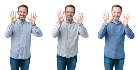 Fototapeta premium Collage of handsome senior business man over white isolated background showing and pointing up with fingers number ten while smiling confident and happy.