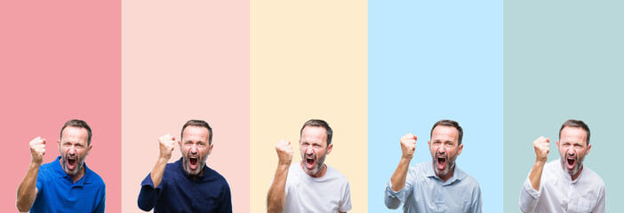 Collage of senior hoary handsome man over colorful stripes isolated background angry and mad raising fist frustrated and furious while shouting with anger. Rage and aggressive concept.
