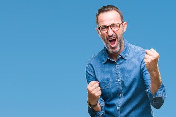 Middle age hoary senior man wearing glasses over isolated background very happy and excited doing winner gesture with arms raised, smiling and screaming for success. Celebration concept.