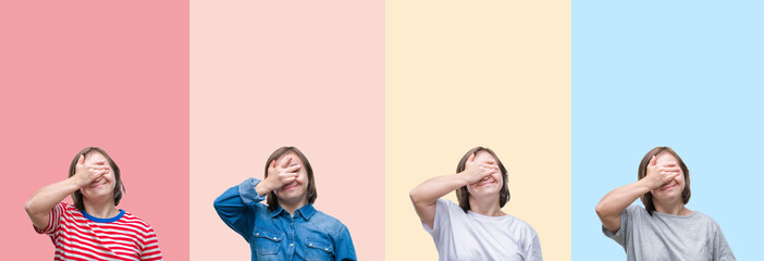 Collage of down syndrome woman over colorful stripes isolated background smiling and laughing with hand on face covering eyes for surprise. Blind concept.