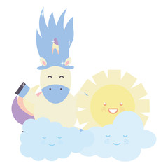 Obraz na płótnie Canvas cute adorable unicorn with clouds and sun kawaii characters