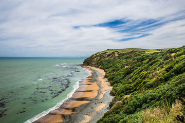 Sea Coast Beach New Zealand Landscape, Green Hills With Cliffs On Coastal Landscape Background