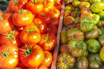  jitomate, tomate rojo y raff en puesto de mercado exterior, aproximación