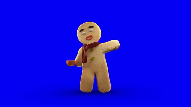 (6 in 1/Loopable) Burnished Gingerbread Man Holding a Hot Drink Greeting Somebody In. Each Separated Wave Mimics the 6 Tones of Human Skin Color - Very Fair, Fair, Normal, Tanned, Dark, and Very Dark.