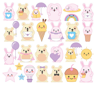 bundle of emoticons and animals kawaii characters