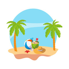 summer beach with palms and sand bucket toy scene