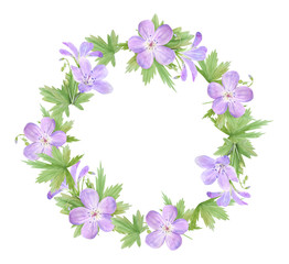 Watercolor wreath of lilac geranium flowers isolated on white background. Perfect for web design, cosmetics design, package, textile