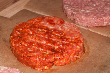 Raw Beef Burger Steak Cutlets. BBQ