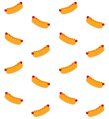 Vector seamless pattern of flat cartoon hot dog isolated on white background