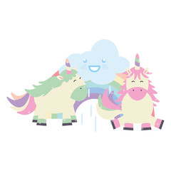 Obraz na płótnie Canvas cute adorable unicorns with clouds and rainbow kawaii