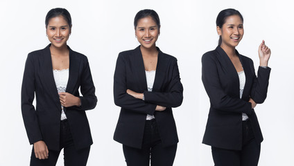 Portrait half body Snap Figure, Asian Business Woman Stand in black Formal proper Suit pants, studio lighting white background isolated, Lawyer Boss act posing smile smart look fashion sign