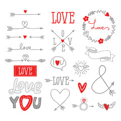 set of elements for design - arrows, hearts, love. hand-drawn design elements