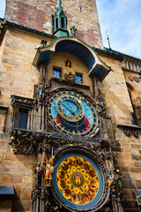 Ancient Astronomical Clock on the side of the Town Hall in Prague in the Czech Republic