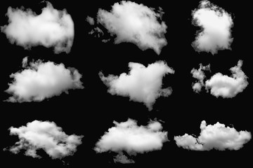 Set of clouds white  on a isolated elements black background.