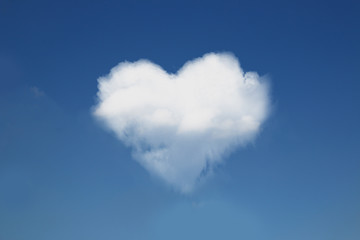 Heart-shaped white clouds on a blue sky background