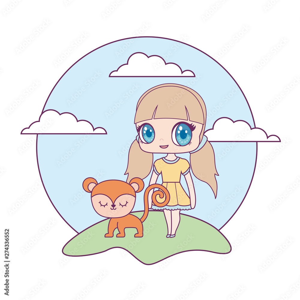 Poster cute little doll with monkey animal in landscape