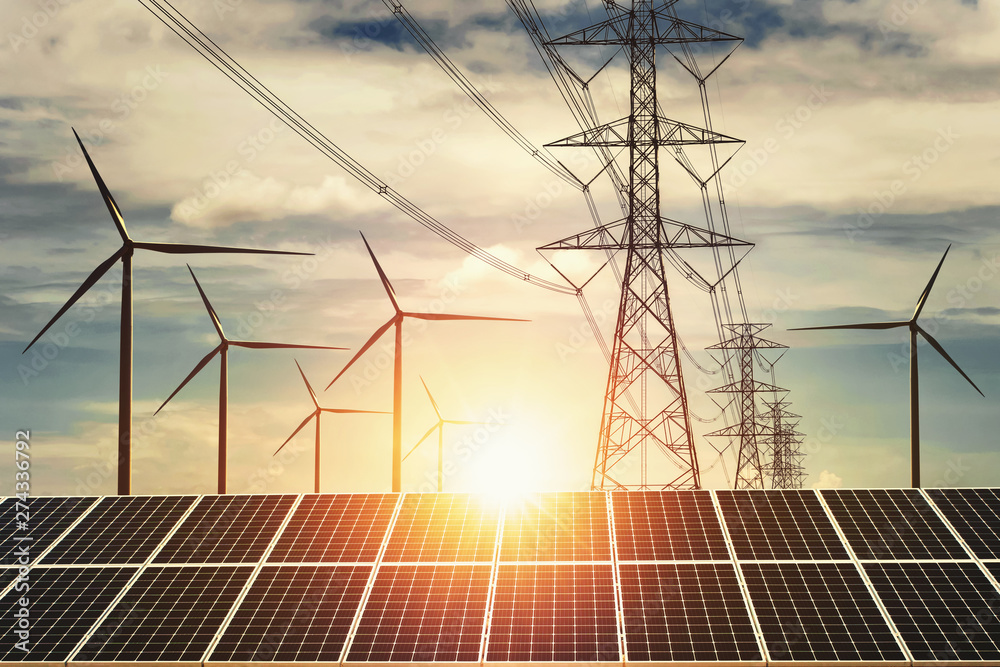 Wall mural electricity power in nature. clean energy concept. solar panel with turbine and tower hight voltage 