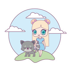 cute little doll with cat animal in landscape