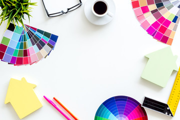 Constructor work space with pallet, ruler and house figure on white background top view mockup