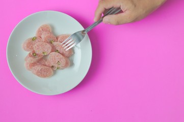 Fresh Nham, put chili, white dish, pink background Handle Free space Vietnamese restaurant, Hanoi food, translated from pork, food preservation, food tasting before hunger