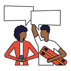 man with skateboard and woman with smartphone talk bubble