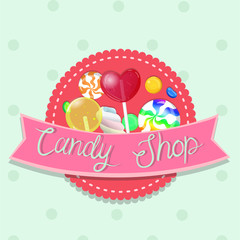 Candy shop emblem. Multicolor emblem. Vector graphics.
