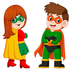 the boy and the girl is using the superheroes costume and the mask 